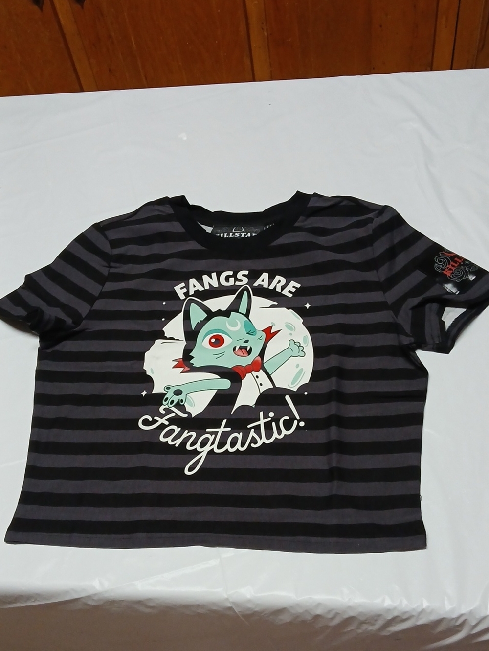 Killstar Vlad Vampurr Fangtastic Striped Short Sleeve Crop Top M Vampire Cat